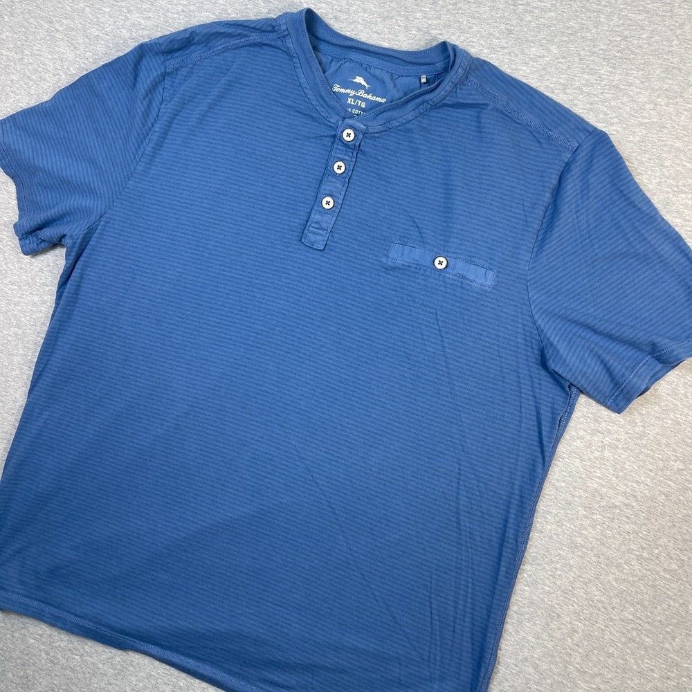 Tommy Bahama Shirt Mens XL Blue Schooner Stripe Cotton Pocket Henley Short Sleev - Picture 3 of 8